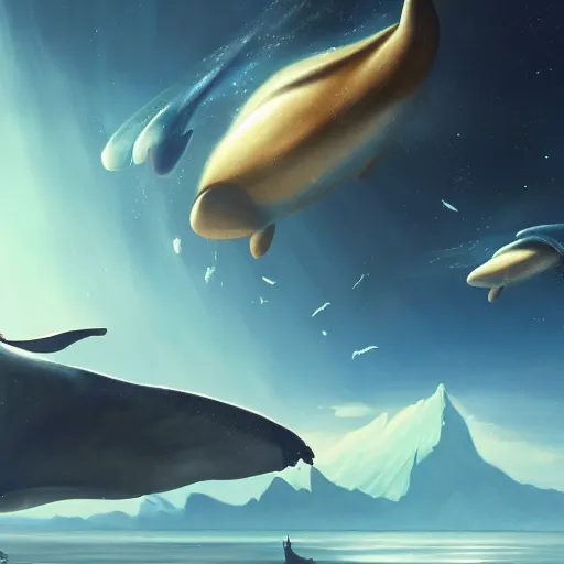 Image similar to a beautiful scenary of a fantasy world of a giant flying whale with the background of a milky way, artstationHD, digital painting, hyper detail, elegant, cinematic, epic lighting, very very very very beautiful scenery