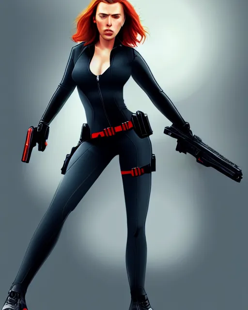 Image similar to Scarlett Johansson Black Widow, full body action pose, highly detailed, digital painting, artstation, concept art, smooth, sharp focus, illustration