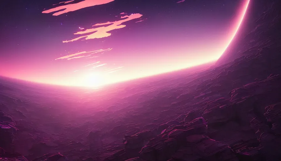 Image similar to A highly detailed matte painting of a dark purple sunset in space, by Studio Ghibli, Makoto Shinkai, by Artgerm, by beeple, by Greg Rutkowski, volumetric lighting, octane render, 4K resolution, trending on artstation, masterpiece