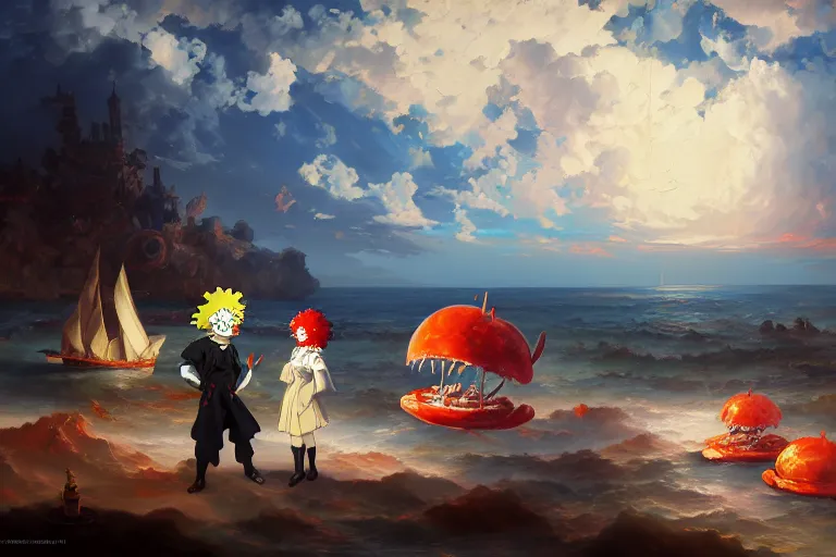 Image similar to baroque oil painting of anime key visual concept art of the krusty crab bombing of 1 9 7 6, trending on artstation, palette knife and brush strokes, oil on canvas, style of makoto shinkai greg rutkowski studio ghibli genshin impact