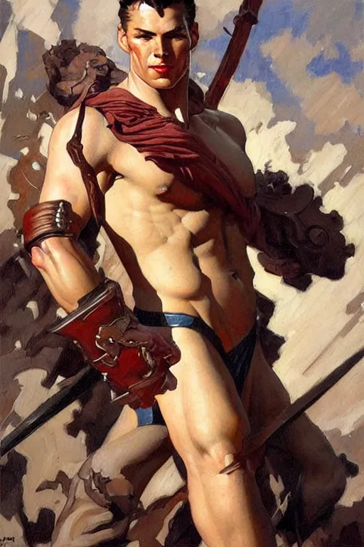 Prompt: warrior, attractive male, character design, painting by j. c. leyendecker, gaston bussiere, frank frazetta, tom of finland, trending on artstation