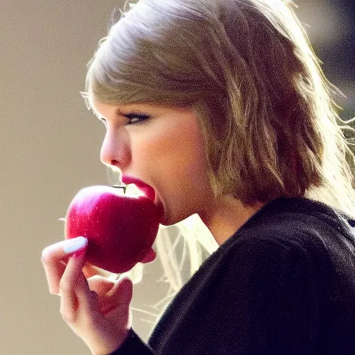 Image similar to taylor swift eating an apple, detailed, clean, realistic