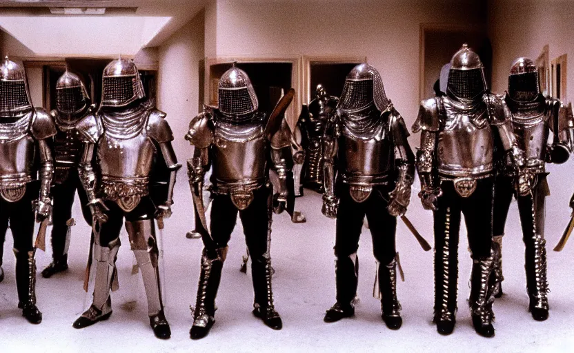 Image similar to Knights with heavy metal armor starring in the shining by stanley kubrick, shot by 35mm film color photography