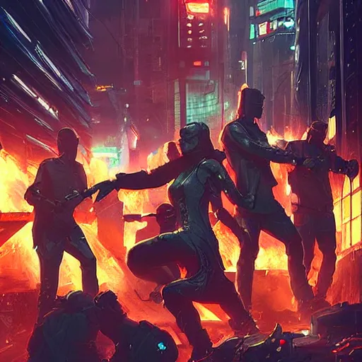 Image similar to cyberpunk rioters, detailed digital illustration by greg rutkowski, fire, placards, forced perspective, android netrunner