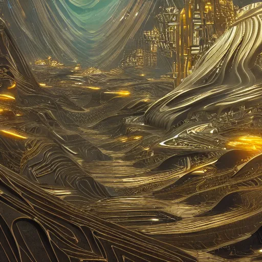 Image similar to gold and silver tones, cybernetic village on the outskirts of the universe, style of moebius, james jean, rutkowski, cinematic, high detail, award winning, 8 k photorealistic