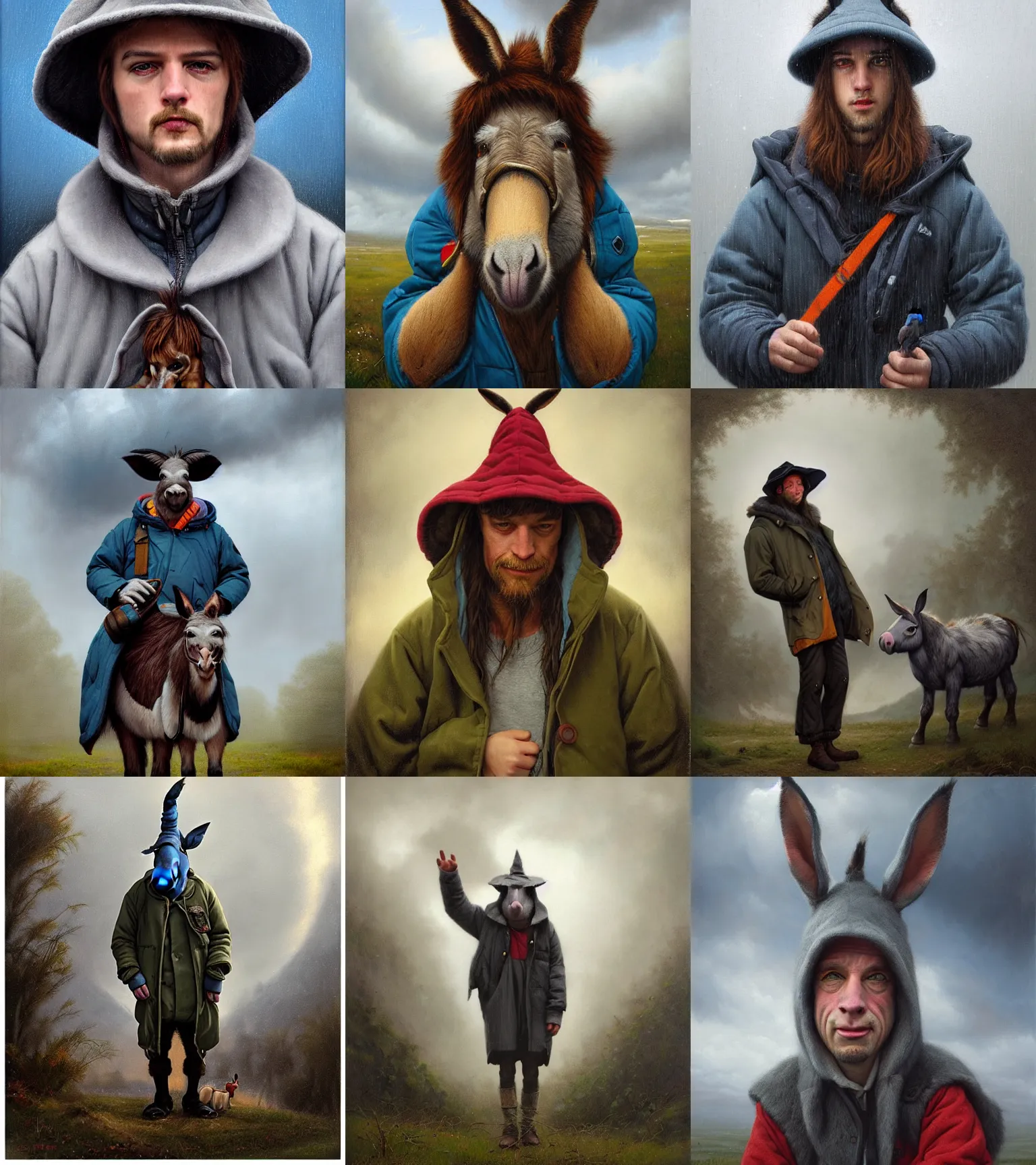 Prompt: Portrait donkey Eeyore from disney cartoon weared in storm jacket and hat, by Tom Bagshaw and Manuel Sanjulian