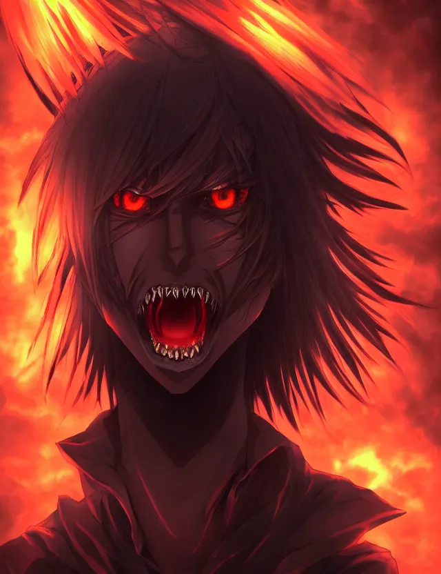 Image similar to a detailed manga portrait of a shadowy dark handsome boy with long crimson hair and glowing orange eyes and fangs, lurking in the shadows, trending on artstation, digital art, 4 k resolution, detailed, high quality, sharp focus, hq artwork, coherent, insane detail, character portrait