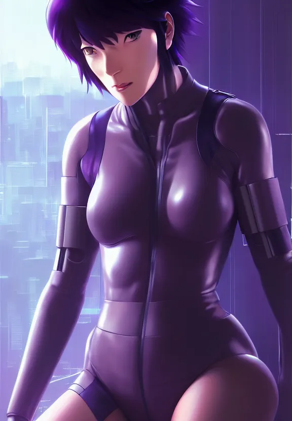 Image similar to a fullbody portrait of motoko kusanagi the major ghost in the shell : : connected to cables, under repairs, maintenance area, technicians : : by ilya kuvshinov, rossdraws, artgerm, sola digital arts, anti aliasing, raytracing : :