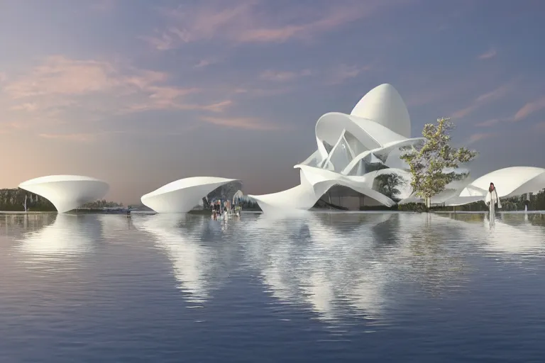 Image similar to a building formed by many multi - white eggshell shapes arranged and combined in space. on the calm lake, people's perspective modern curved architecture, future, award winning, highly detailed 4 k art, dusk, by kazuyo sejima