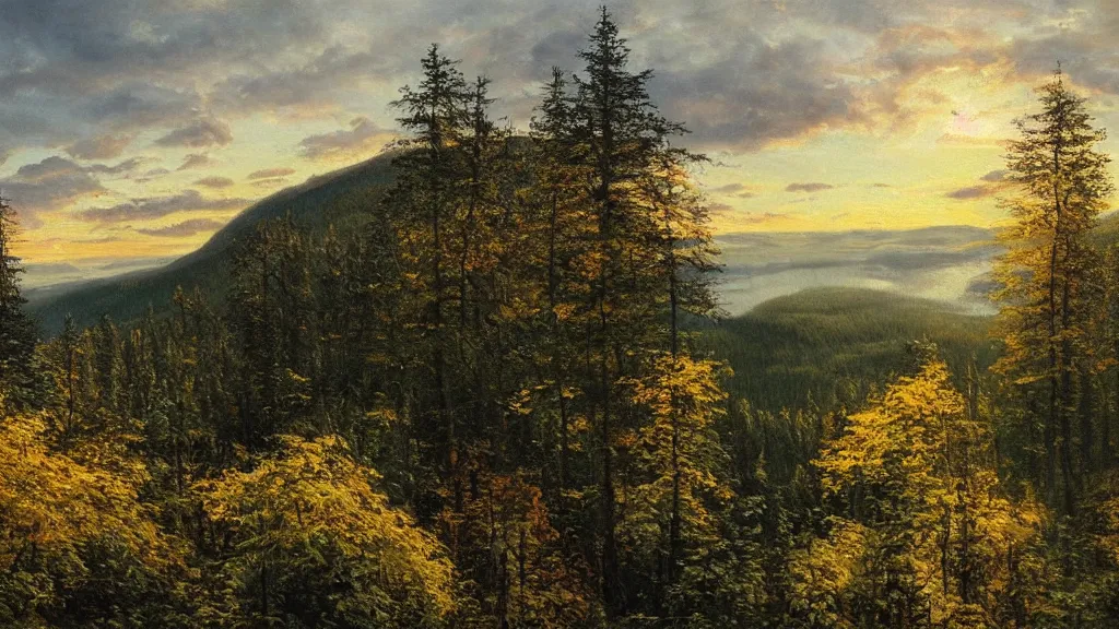 Prompt: beautiful view of a swedish forest from a mountain, river, oil painting by alan lee, golden hour, trending on Artstation, visually stunning, award winning