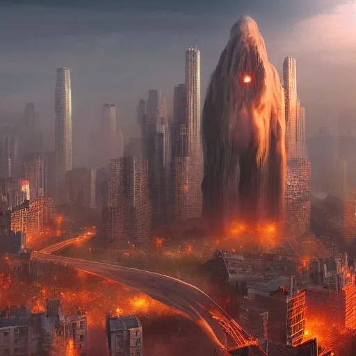 Image similar to giant 500 foot tall man destroying the city, matte painting, concept art, 4k