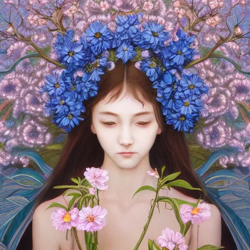 Image similar to breathtaking detailed concept art painting of the goddess of nemophila flowers, orthodox saint, with anxious, piercing eyes, ornate background, amalgamation of leaves and flowers, by Hsiao-Ron Cheng, James jean, Miho Hirano, Hayao Miyazaki, extremely moody lighting, 8K