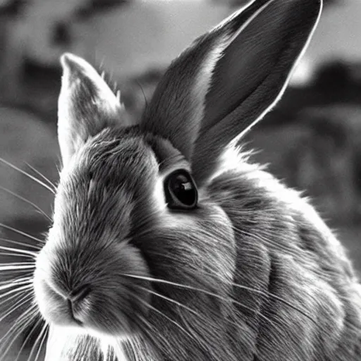 Image similar to photorealistic photo of a rabbit in the seven samurai, film still,