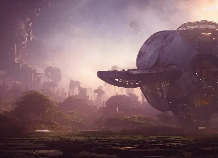 Image similar to highly detailed digital matte painting of a beautiful abandoned, overgrown, damaged crashed spaceship, by Raphael LaCoste and Ruan Jia and Robert McCall, postcyberpunk, geodesic dome, hyperdetailed, sunrise, wide shot, autochrome, octane render