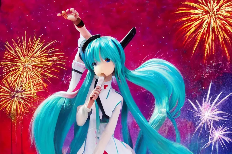 Image similar to hatsune miku singing for the whole world, fireworks at the greatest festival of all time, oil on canvas