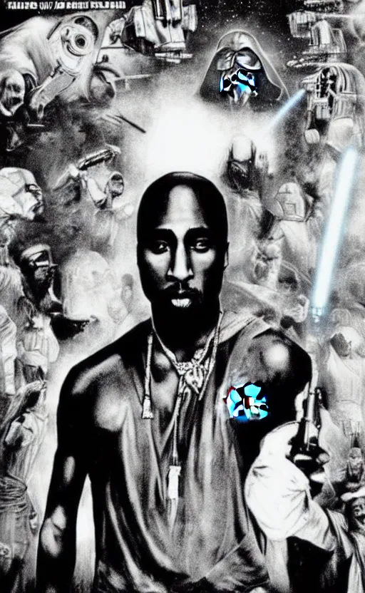 Image similar to tupac shakur starring in star wars 1 9 7 2, movie poster, dramatic