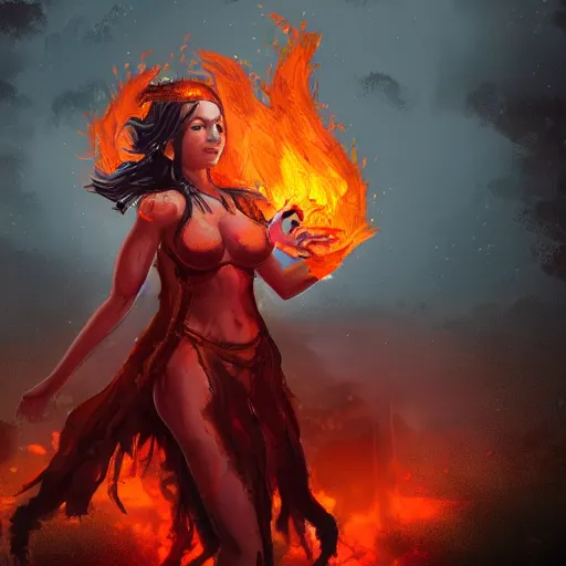 Image similar to Hot fire goddess, skin of flames, body made of fire, rampaging, stormy background, forest fire, breathing fire, fire in hand, concept art, tiny person watching, artstation, 4k