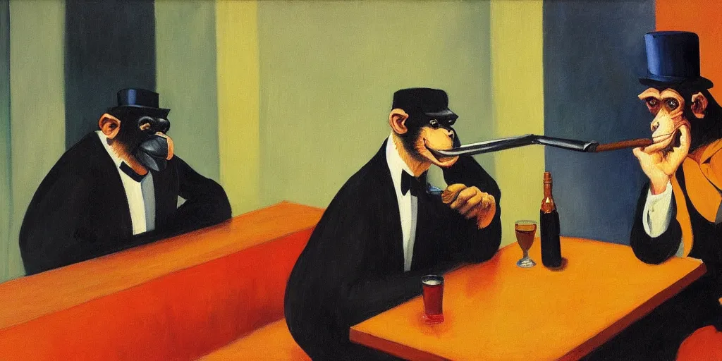 Prompt: Painting in the style of Edward Hopper featuring a chimp sitting at a bar, wearing a suit and a hat, smoking a cigar and drinking whisky. Rainy weather