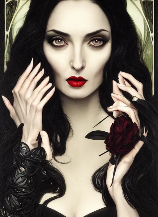 Image similar to ana de armas as morticia addams, masterpiece, intricate, elegant, highly detailed, digital painting, artstation, concept art, smooth, sharp focus, illustration, art by artgerm and greg rutkowski and alphonse mucha and uang guangjian and gil elvgren and sachin teng, symmetry!!