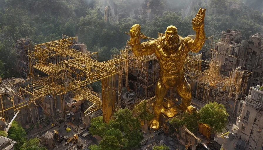 Image similar to dwarves building a giant golden statue with scaffolding in the heart of green mountains,, hyperdetailed, artstation, cgsociety, 8 k