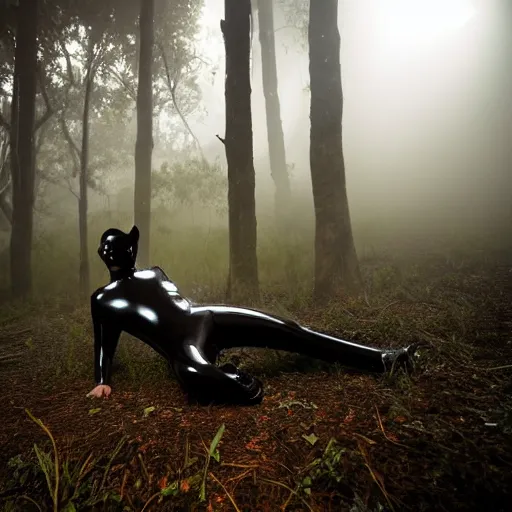 Prompt: national geographic photo, a man wearing a black shiny latex suit including pants and a shirt and mask laying on the ground and crawling through dense jungle underbrush, night photo, low fog and mist
