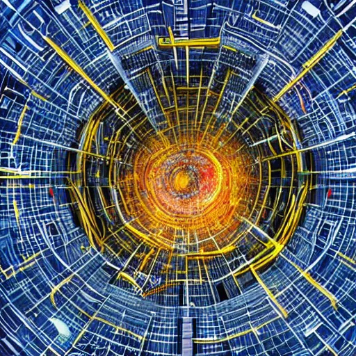 Image similar to wide shot of a man getting trapped inside cern large hadron collider, his body getting pulled apart by particle collision, rendered in octane