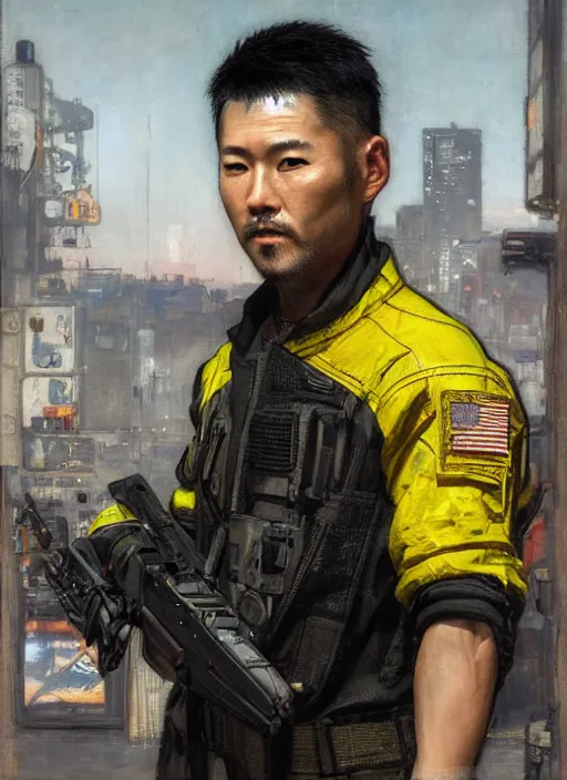 Prompt: hiro tanaka. Handsome cyberpunk USN marine wearing a military vest and a black and yellow tactical jumpsuit (cyberpunk 2077, bladerunner 2049). Handsome face. Iranian orientalist portrait by john william waterhouse and Edwin Longsden Long and Theodore Ralli and Nasreddine Dinet, oil on canvas. Cinematic, hyper realism, realistic proportions, dramatic lighting, high detail 4k