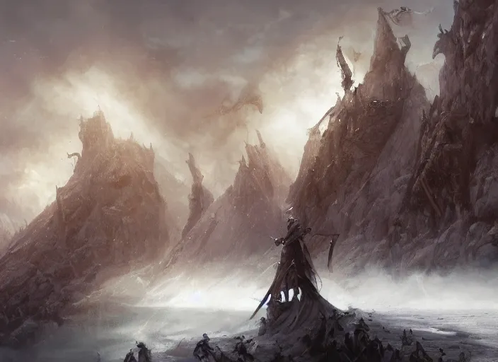 Prompt: ' the watchers moved forward together, as if some signal had been given. swords rose and fell, all in a deathly silence. it was cold butchery. the pale blades sliced through ringmail as if it were silk.'cinematic fantasy painting, dynamic, game of thrones, jessica rossier and brian froud and marc simonetti