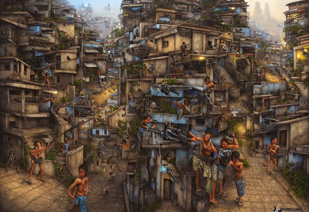 Image similar to photorealistic favela rio with precise rendered guns with intricate details of gun and kids in by Justin Gerard