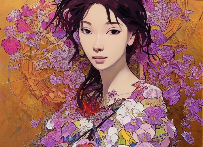 Image similar to oil painting, long shot, beautiful floralpunk iban bio mechanical female illustration detailed patterns art of sarawak traditional dress, flower pop art, floral splash painting, art by ashley wood, alphonse mucha, makoto shinkai, geof darrow, dark shadow