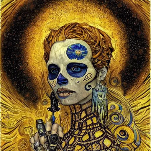 Image similar to Memento Mori by Karol Bak, Jean Deville, Gustav Klimt, and Vincent Van Gogh, beautiful visionary mystical portrait, calavera, otherworldly, fractal structures, ornate gilded medieval icon, third eye, spirals, sugar skull by Van Gogh