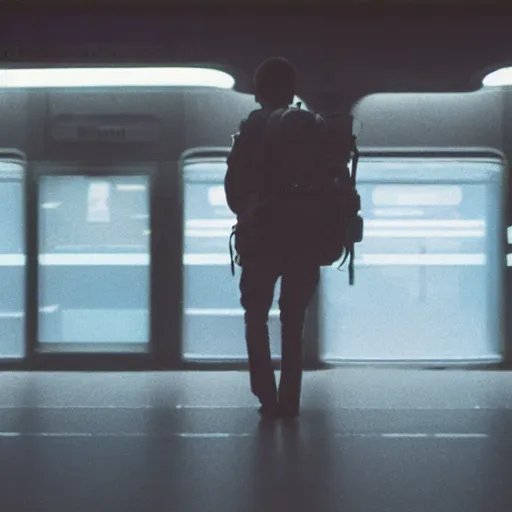 Prompt: a beautiful photo of an astronaut waiting in a subway station, 1970', soft light, morning light, photorealistic, realistic, octane, 8k, cinematic shot