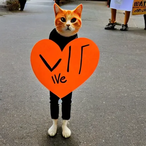 Image similar to cute orange tabby cat that holds a sign that says