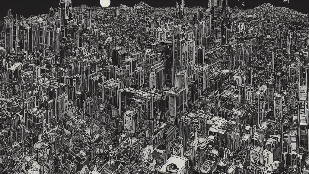 Prompt: very detailed, prophet graphic novel, ilya kuvshinov, mcbess, rutkowski, simon roy, illustration of decrepit arcologies skyline dystopian megacity with space junk floating in the sky on a dead planet earth, nature taking city back, flourishing jungle covering ruins, wide shot, colorful, deep shadows, astrophotography