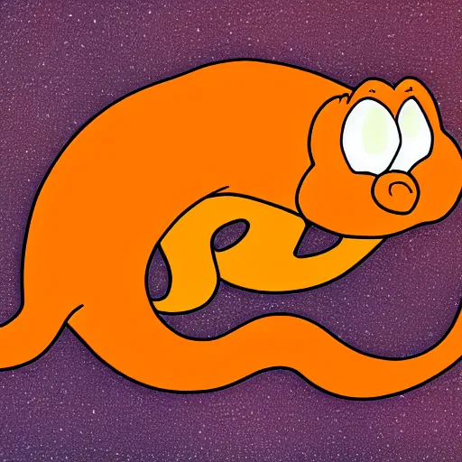 Prompt: Garfield's head on the body of a orange snake with a glittering body, anime style