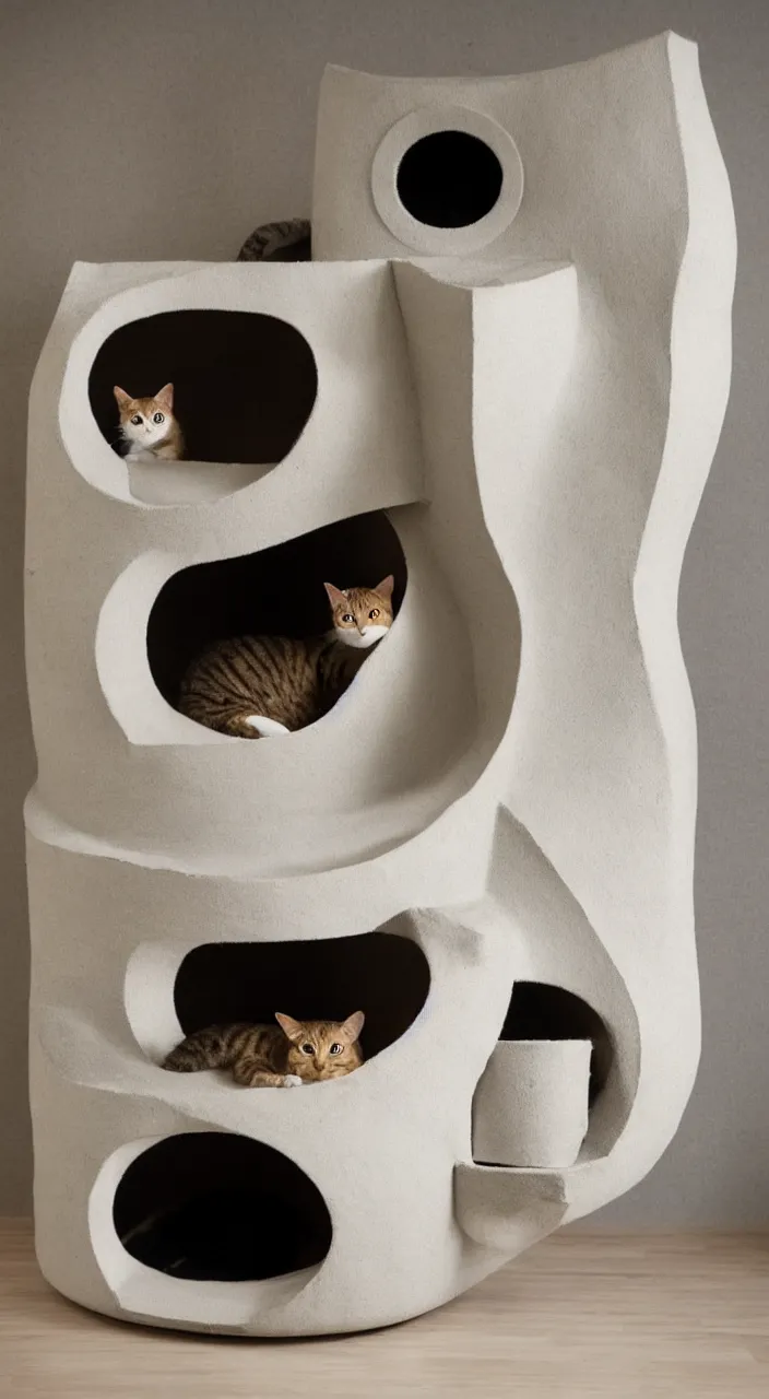 Prompt: a cat tower in the shape of a womb in the style of Le corbusier ,