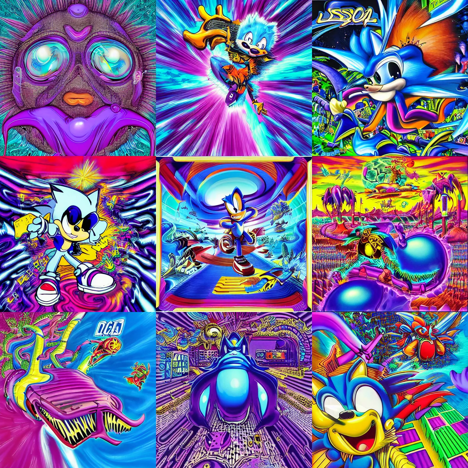 Prompt: surreal, sharp, lowbrow, detailed professional, high quality airbrush art MGMT album cover of a liquid dissolving LSD DMT blue sonic the hedgehog surfing through cyberspace, purple checkerboard background, 1990s 1992 acid house techno Sega Genesis video game album cover