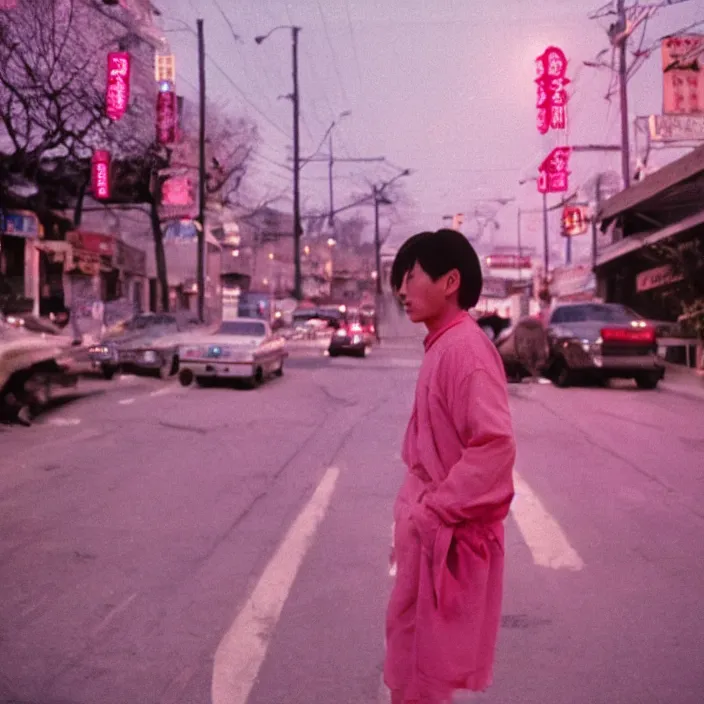 Image similar to cinematic 3 5 mm still from a movie by ishiro honda, alec soth : : love, art : : professional photograph, cinestill 8 0 0 tungsten, high quality, pink and triadic color scheme, leica, flare, urban