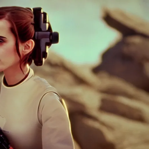 Image similar to film still of emma watson as princess leia organa in star wars, polaroid, photography, film, kodak