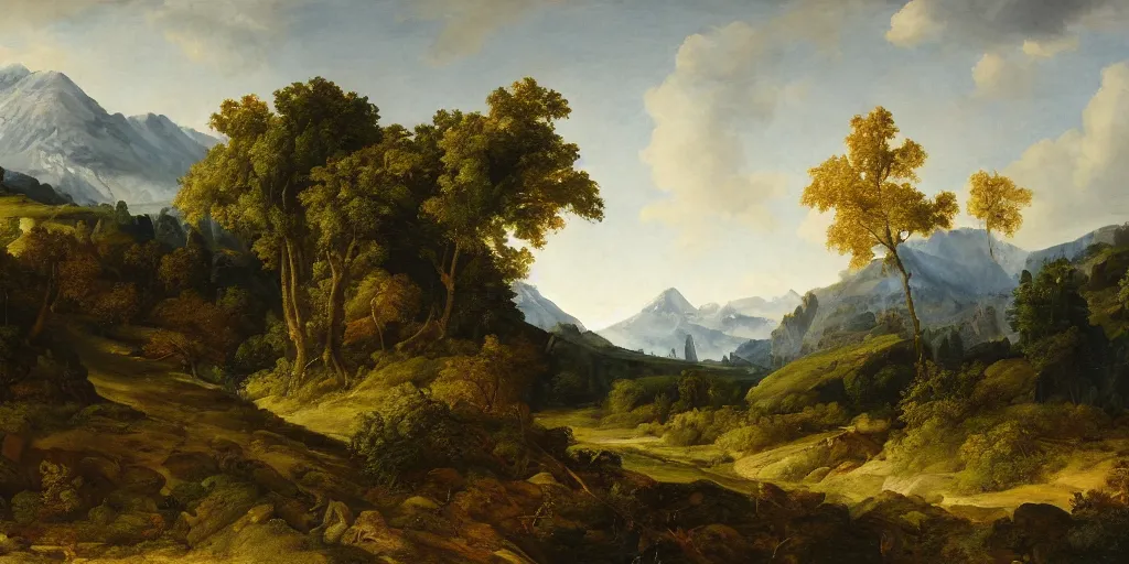 Image similar to a dramatic landscape painting of a mountain with a path leading into fields and forest, by joachim patinir, oil on canvas, highly detailed, hd, 4 k