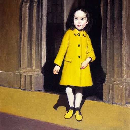 Prompt: a painting of a little girl with black hair and wearing a yellow coat in the middle of a cloister in an abbey by hopper