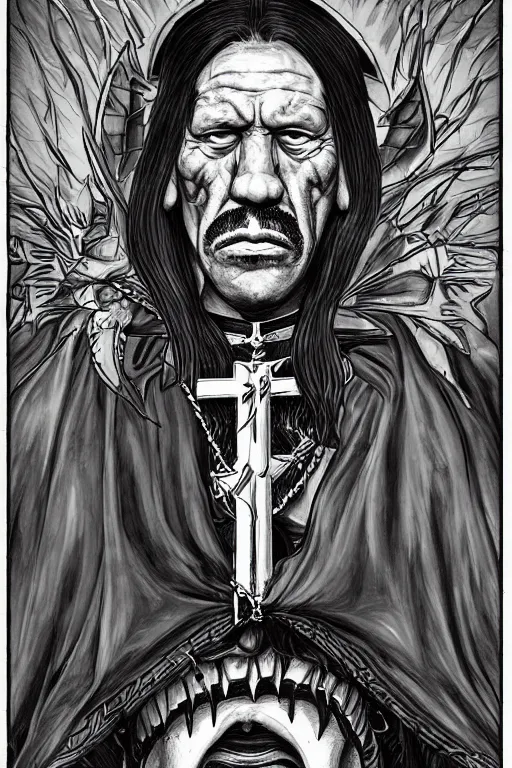 Image similar to portrait of Danny Trejo as church nun, dark fantasy, highly detailed, artstation, manga illustration by Kentaro Miura berserk