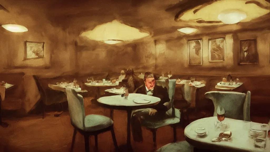 Image similar to At the restaurant, in the style of David Lynch, by Wes Anderson, concept art, artstation