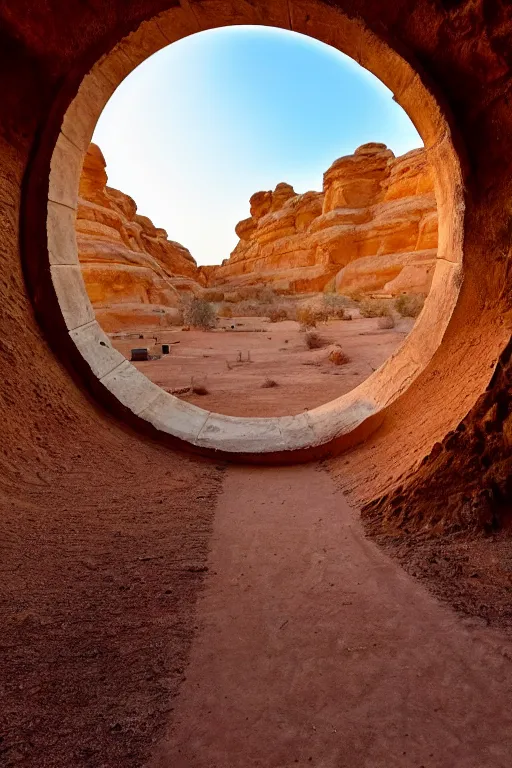 Image similar to a luminous circular stargate in the desert through which an ancient jungle is visible