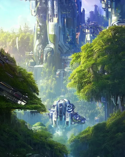 Image similar to magical beaver cyborg in futuristic metropolis, giant trees, clean streets, inspired by horizon zero dawn, trending on artstation, art by richard dumont, leon tukker