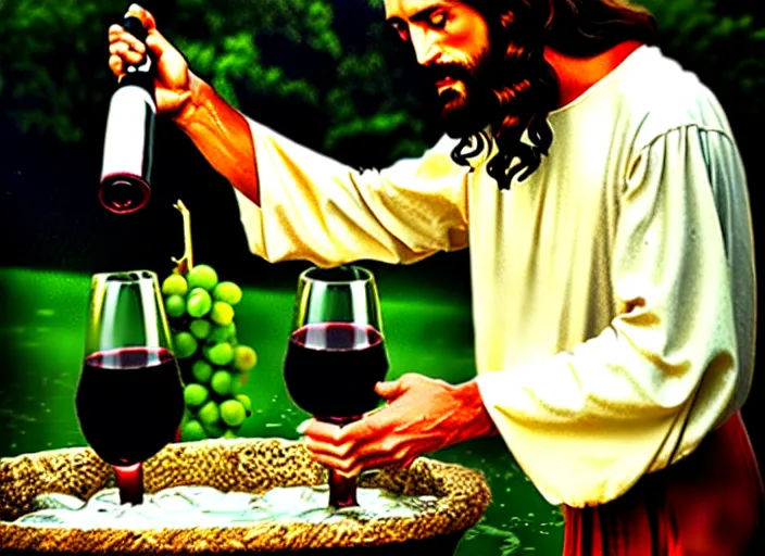 Image similar to Jesus Christ being caught making wine from water, candid photo, telephoto lens, from distance, magic trick