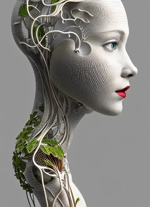 Image similar to complex 3d render ultra detailed of a beautiful porcelain profile woman face, mechanical cyborg, 150 mm, beautiful natural soft light, rim light, silver gold details, mechanical magnolia and ghost orchid big leaves and stems, roots, fine foliage lace, maze like, mesh wire, intricate details, hyperrealistic, ultra detailed, mandelbrot fractal, anatomical, red lips, white metal neocubism armor, facial muscles, cable wires, microchip, elegant, octane render, H.R. Giger style, 8k