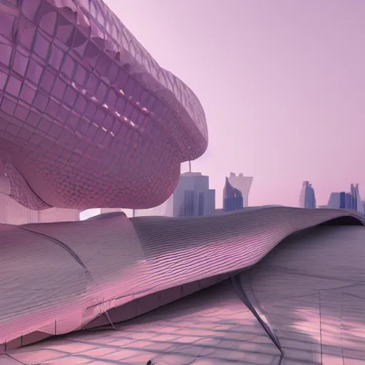 Prompt: parametric architecture, museum, concrete, facede fabric and mesh in faded pink, morning fog, blue hour, archviz, cgi, trending on artstation, corona renderer, unreal engine, ray tracing, 3 ds max, cinematic, city in the background