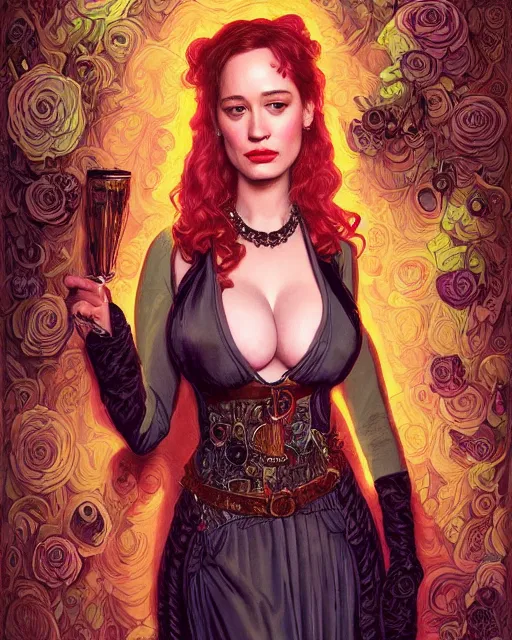 Image similar to sophisticated portrait of Christina Hendricks Brie Larson Kat Dennings, 1980s flower power hippy, very smoky cyberpunk Paris bar, elegance, highly detailed, shallow depth of field, Artstation, Artgerm, Donato Giancola and Joseph Christian Leyendecker