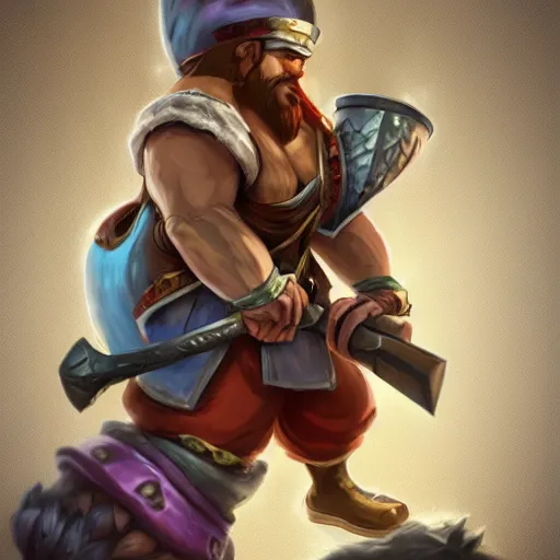 Image similar to league of legends champion angry spoon wielding barbarian wearing chef's hat, detailed, league of legends